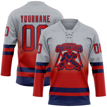 Custom Gray Red-Navy Fade Fashion Hockey Lace Neck Jersey