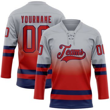 Custom Gray Red-Navy Fade Fashion Hockey Lace Neck Jersey