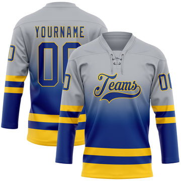 Custom Gray Royal-Yellow Fade Fashion Hockey Lace Neck Jersey