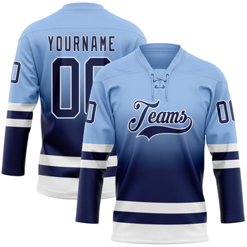 Custom Light Blue Navy-White Fade Fashion Hockey Lace Neck Jersey