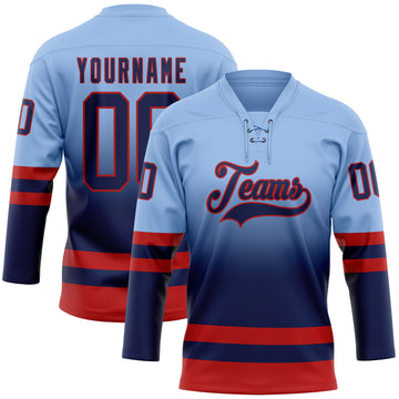 Custom Light Blue Navy-Red Fade Fashion Hockey Lace Neck Jersey