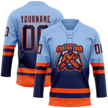 Custom Light Blue Navy-Orange Fade Fashion Hockey Lace Neck Jersey