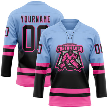 Custom Light Blue Black-Pink Fade Fashion Hockey Lace Neck Jersey