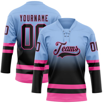 Custom Light Blue Black-Pink Fade Fashion Hockey Lace Neck Jersey