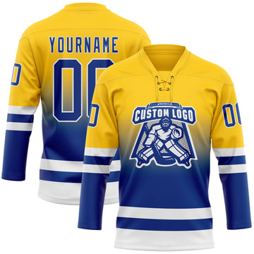 Custom Yellow Royal-White Fade Fashion Hockey Lace Neck Jersey
