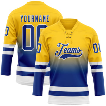 Custom Yellow Royal-White Fade Fashion Hockey Lace Neck Jersey