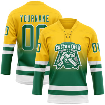 Custom Yellow Kelly Green-White Fade Fashion Hockey Lace Neck Jersey