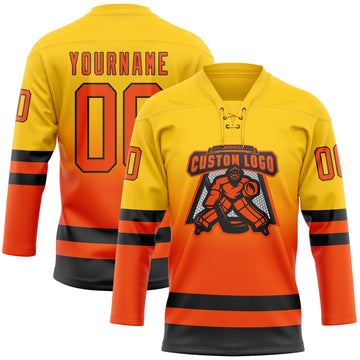 Custom Yellow Orange-Black Fade Fashion Hockey Lace Neck Jersey