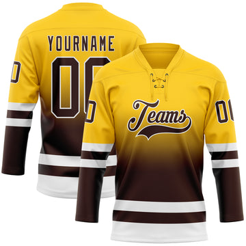 Custom Yellow Brown-White Fade Fashion Hockey Lace Neck Jersey