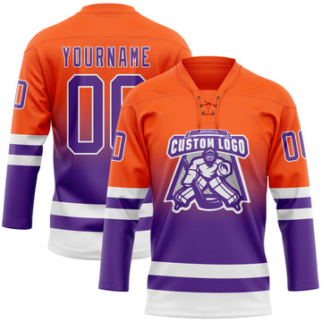 Custom Orange Purple-White Fade Fashion Hockey Lace Neck Jersey