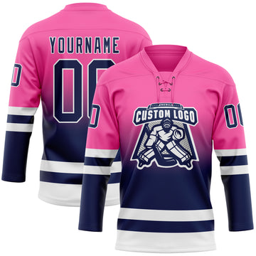 Custom Pink Navy-White Fade Fashion Hockey Lace Neck Jersey