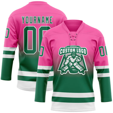 Custom Pink Kelly Green-White Fade Fashion Hockey Lace Neck Jersey