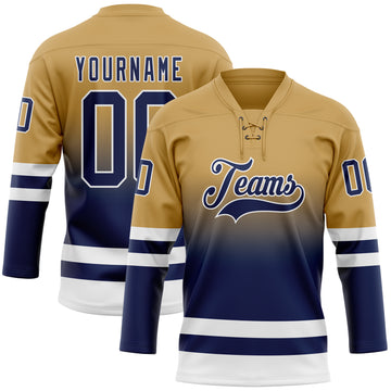 Custom Old Gold Navy-White Fade Fashion Hockey Lace Neck Jersey