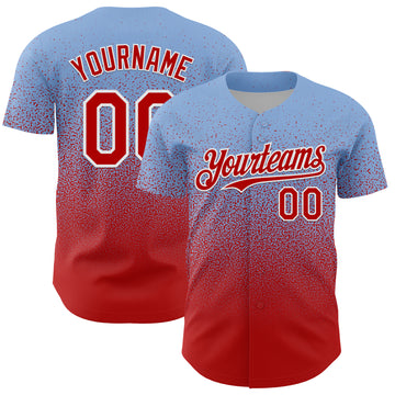 Custom Light Blue Red-White Fade Fashion Speckle Authentic Baseball Jersey