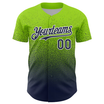 Custom Neon Green Navy-White Fade Fashion Speckle Authentic Baseball Jersey