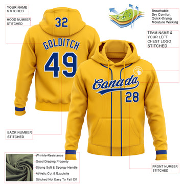 Custom Stitched Gold Royal-White Baseball Pullover Sweatshirt Hoodie
