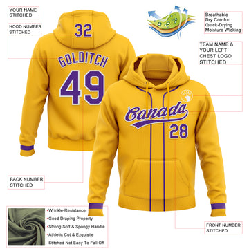 Custom Stitched Gold Purple-White Baseball Pullover Sweatshirt Hoodie