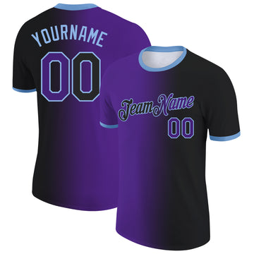 Custom Black Purple-Light Blue Gradient Fashion Performance T-Shirt
