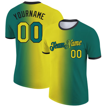 Custom Teal Neon Yellow-Black Gradient Fashion Performance T-Shirt