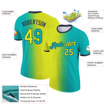 Custom Aqua Neon Yellow-Navy Gradient Fashion Performance T-Shirt