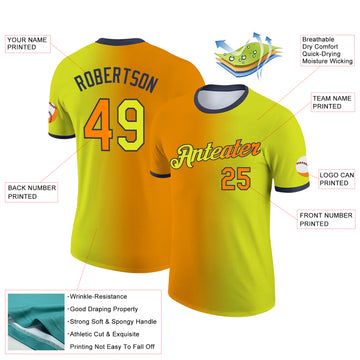 Custom Neon Yellow Bay Orange-Navy Gradient Fashion Performance T-Shirt