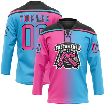 Custom Sky Blue Pink-Black Gradient Fashion Hockey Lace Neck Jersey