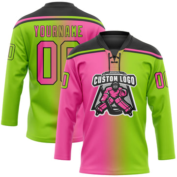 Custom Neon Green Pink-Black Gradient Fashion Hockey Lace Neck Jersey