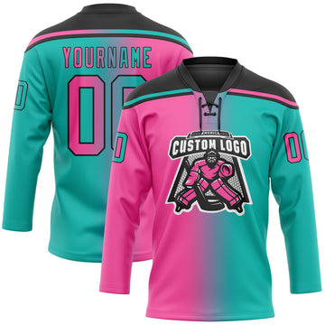 Custom Aqua Pink-Black Gradient Fashion Hockey Lace Neck Jersey