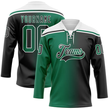Custom Black Kelly Green-White Gradient Fashion Hockey Lace Neck Jersey