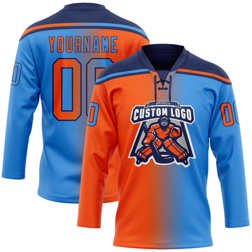 Custom Powder Blue Orange-Navy Gradient Fashion Hockey Lace Neck Jersey
