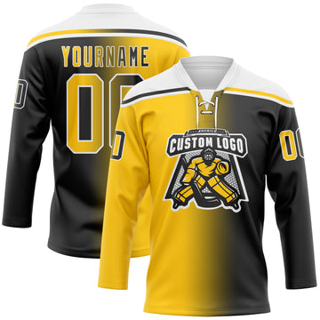 Custom Black Yellow-White Gradient Fashion Hockey Lace Neck Jersey