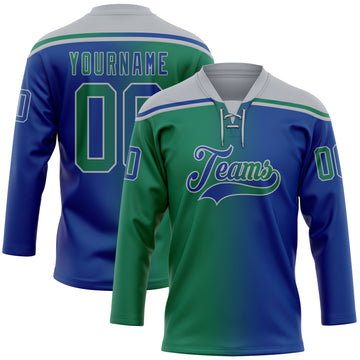Custom Royal Kelly Green-Gray Gradient Fashion Hockey Lace Neck Jersey