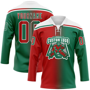 Custom Kelly Green Red-White Gradient Fashion Hockey Lace Neck Jersey