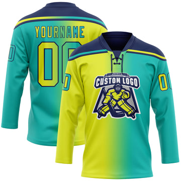Custom Aqua Neon Yellow-Navy Gradient Fashion Hockey Lace Neck Jersey
