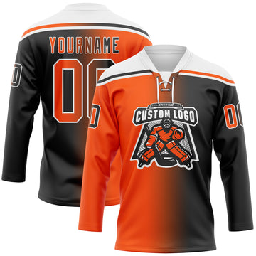 Custom Black Orange-White Gradient Fashion Hockey Lace Neck Jersey