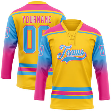 Custom Yellow Sky Blue Pink-White Gradient Sleeves Lace Neck Hockey Jersey