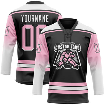 Custom Black Light Pink-White Gradient Sleeves Lace Neck Hockey Jersey