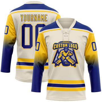 Custom Cream Royal Yellow-White Gradient Sleeves Lace Neck Hockey Jersey