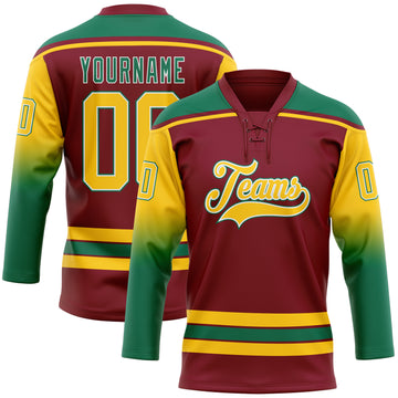 Custom Crimson Yellow Kelly Green-White Gradient Sleeves Lace Neck Hockey Jersey