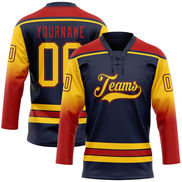 Custom Navy Yellow-Red Gradient Sleeves Lace Neck Hockey Jersey