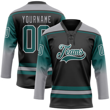 Custom Black Teal Gray-White Gradient Sleeves Lace Neck Hockey Jersey