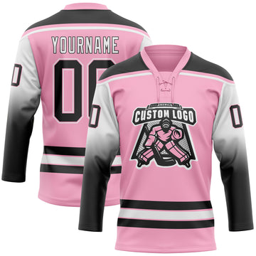 Custom Light Pink Black-White Gradient Sleeves Lace Neck Hockey Jersey