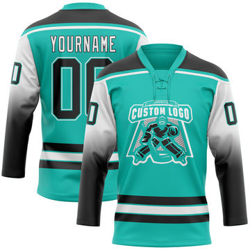 Custom Aqua Black-White Gradient Sleeves Lace Neck Hockey Jersey