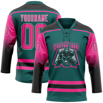 Custom Teal Pink Black-White Gradient Sleeves Lace Neck Hockey Jersey