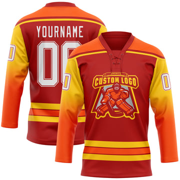 Custom Red White Yellow-Orange Gradient Sleeves Lace Neck Hockey Jersey