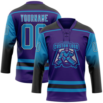 Custom Purple Panther Blue Black-White Gradient Sleeves Lace Neck Hockey Jersey