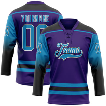 Custom Purple Panther Blue Black-White Gradient Sleeves Lace Neck Hockey Jersey