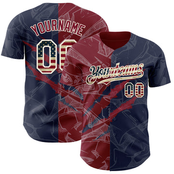 Custom Graffiti Pattern Vintage USA Flag Navy Crimson-Cream 3D Scratch Authentic Baseball Jersey