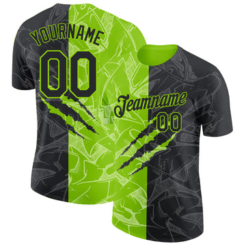 Custom Graffiti Pattern Black-Neon Green Scratch 3D Performance T-Shirt