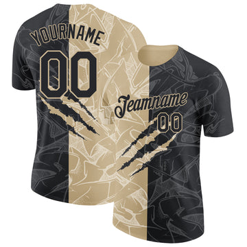 Custom Graffiti Pattern Black-Vegas Gold Scratch 3D Performance T-Shirt